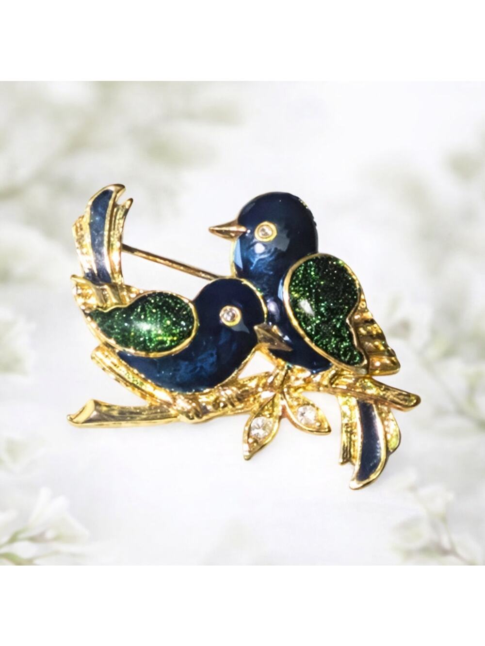 VTG MCJ Two Bird Enamel Brooch Gold Tone Blue Green Glitter Accent Rhinestone